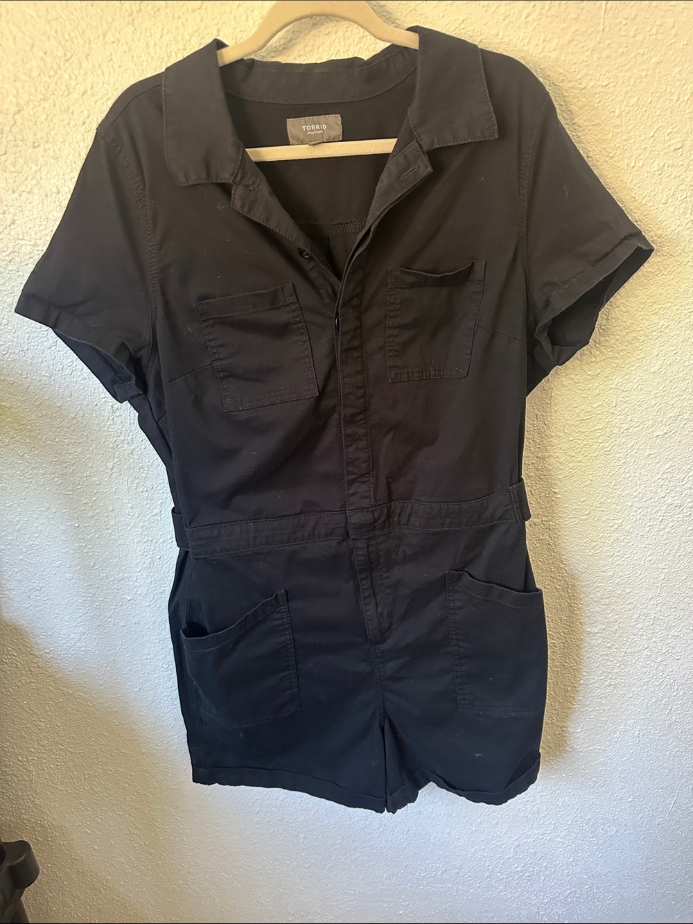 Torrid Black Short-Sleeve Utility Romper with Front Pockets